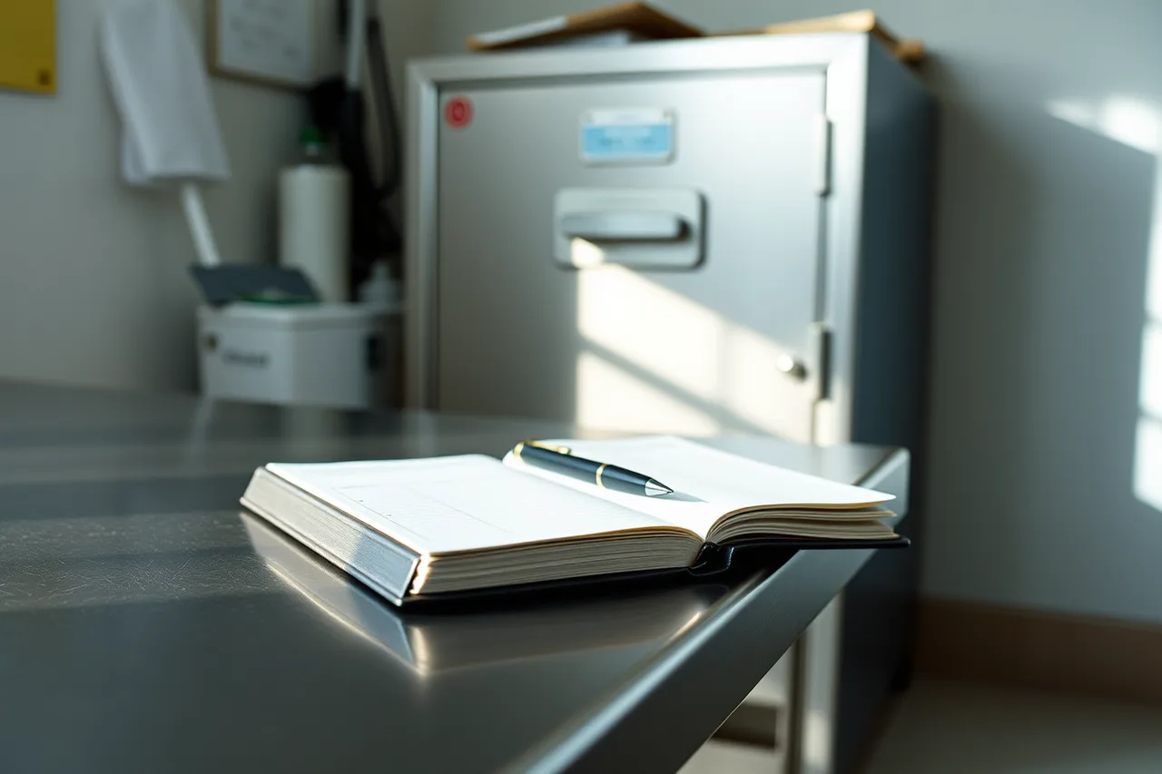 Bound controlled-substance log book open on counter (How DEA registration and controlled-substance logs shape daily work at an American animal hospital)