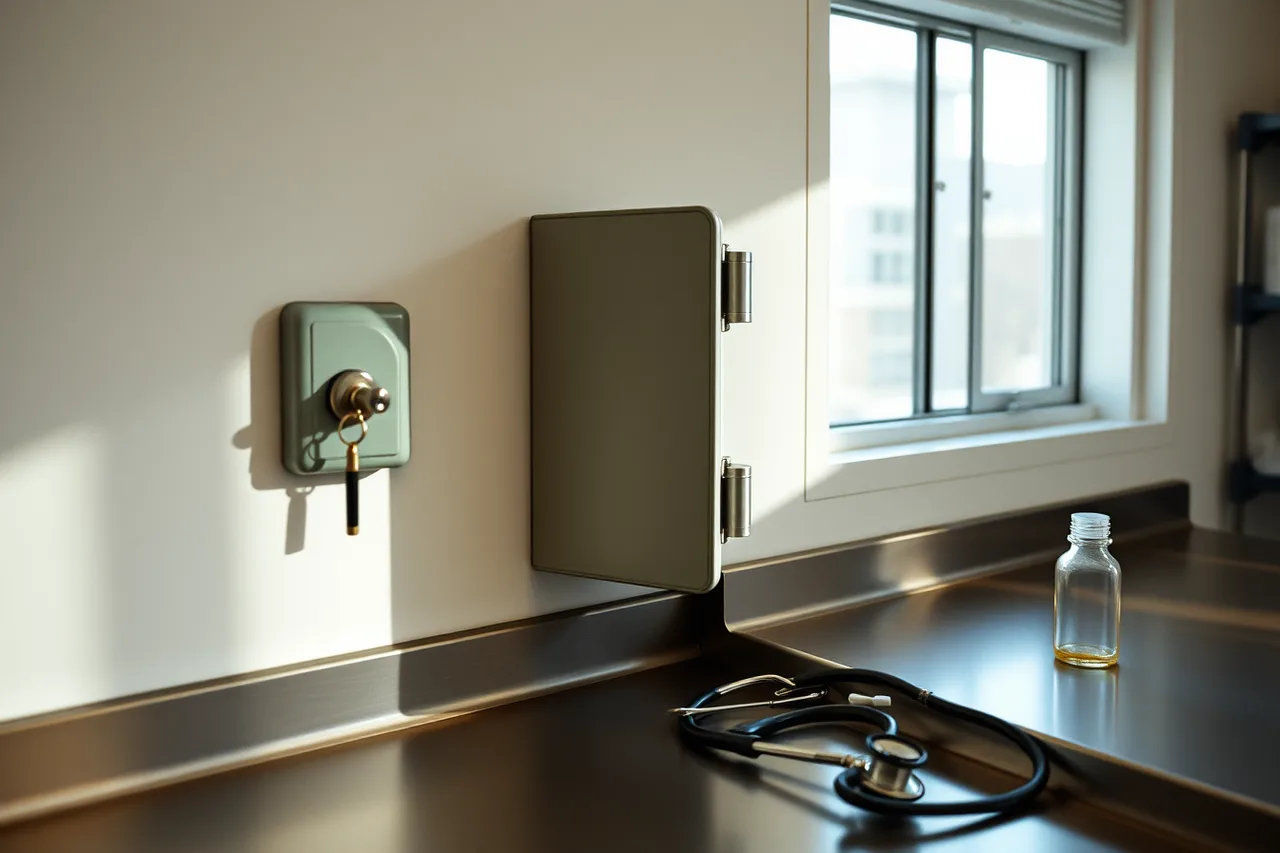 Locked drug safe with key access in animal hospital (How DEA registration and controlled-substance logs shape daily work at an American animal hospital)