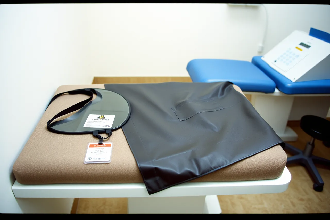 Lead apron and thyroid shield stored flat near veterinary x-ray table (What Texas veterinary practice owners should know about the state board and OSHA inspections)