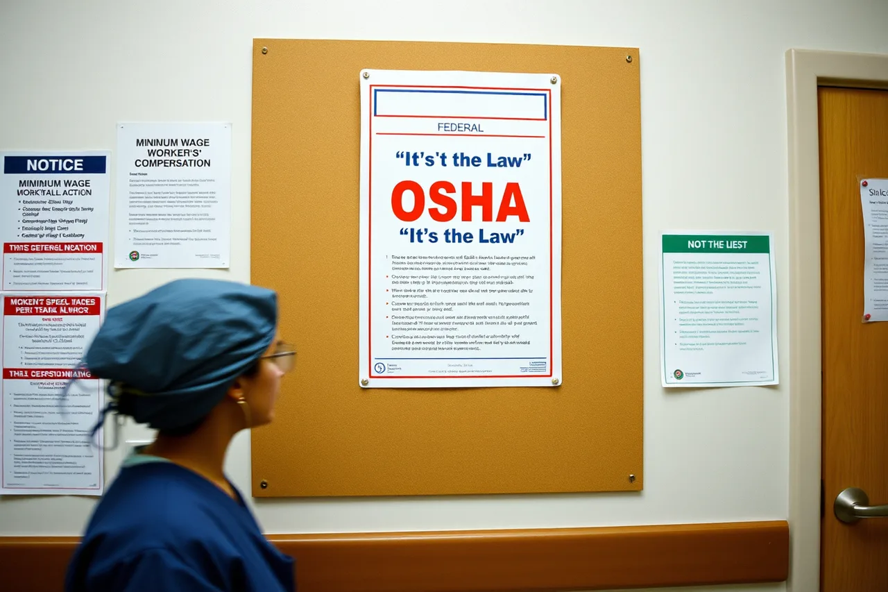 Federal OSHA workplace poster displayed on clinic bulletin board (What Texas veterinary practice owners should know about the state board and OSHA inspections)